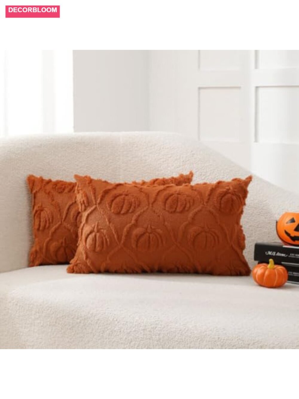 Set of 2 Faux Fur Fall Pumpkin Throw Pillow Covers 12x20 Zip Closure